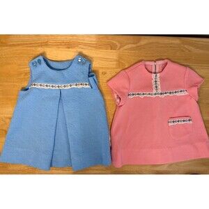 Vintage Baby Girls Dress Lot Pinafore A Line Pink Blue Floral Lace Trim 12 Month